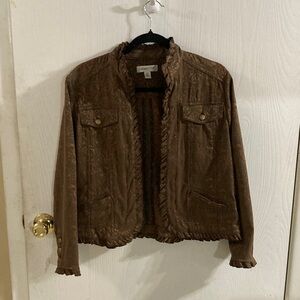 Coldwater Creek Copper Brown Patterned Jacket with Ruffle Trim.  Petite Medium
